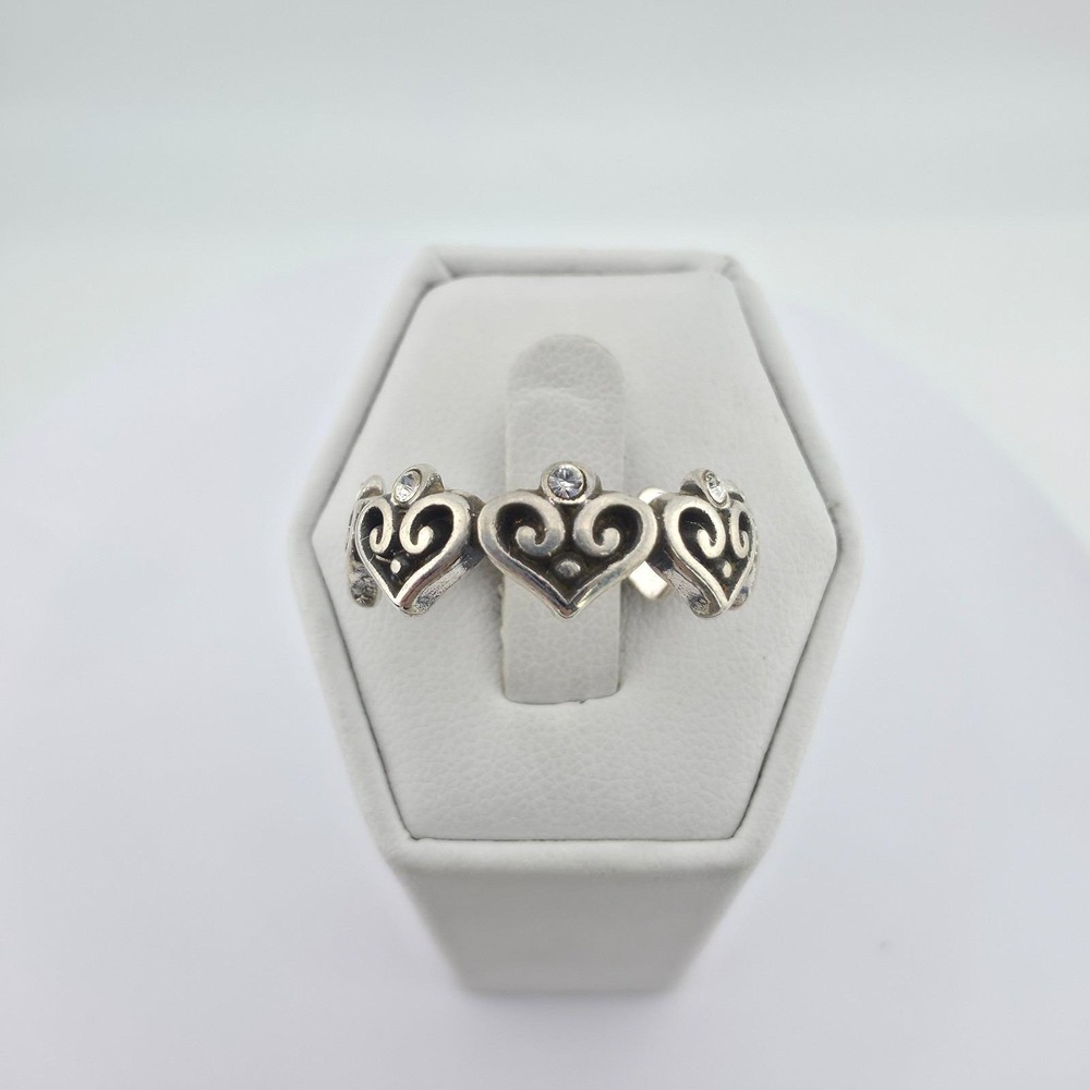 BRIGHTON 'Alcazar' Heart Ring Intricate Scrollwork Crystals Silver Plated Size 8